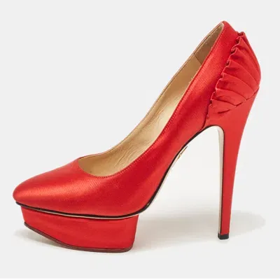 Pre-owned Charlotte Olympia Red Satin Paloma Platform Pumps Size 37.5