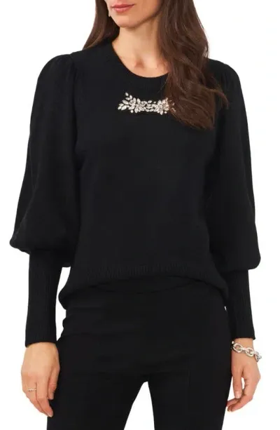 Chaus Rhinestone Cozy Balloon Sleeve Sweater In Rich Black