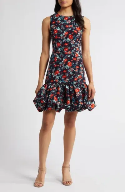 Chelsea28 Bubble Hem Sleeveless Dress In Navy- Red Gestural Floral