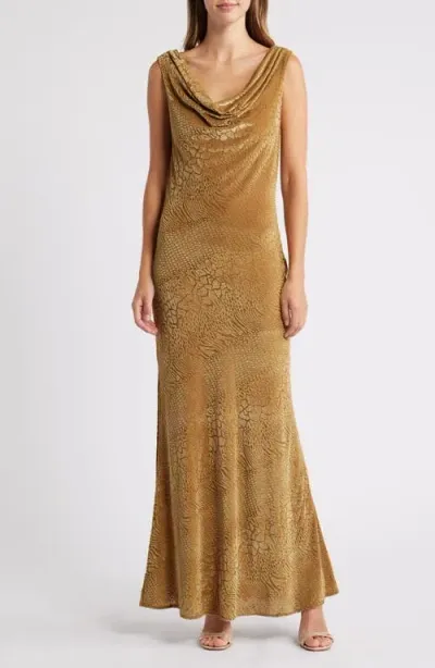 Chelsea28 Drape Stretch Burnout Velvet Dress In Brown Gold