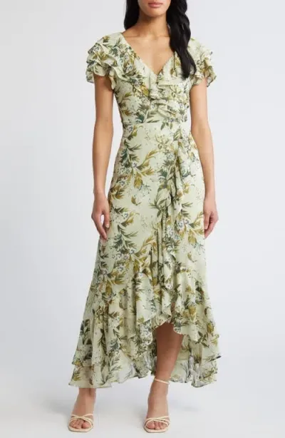 Chelsea28 Floral Faux Wrap Dress In Green- Ivory Botanica