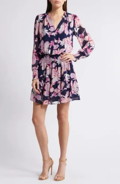 Chelsea28 Floral Print Long Sleeve Chiffon Dress In Navy- Pink Bold Floral