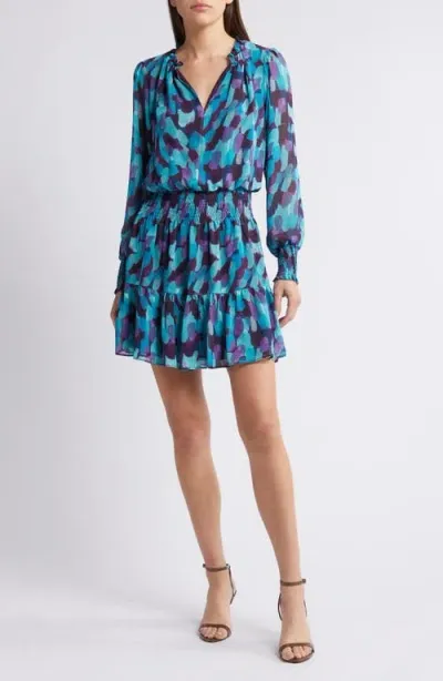 Chelsea28 Floral Print Long Sleeve Chiffon Dress In Purple- Teal Brush Strokes