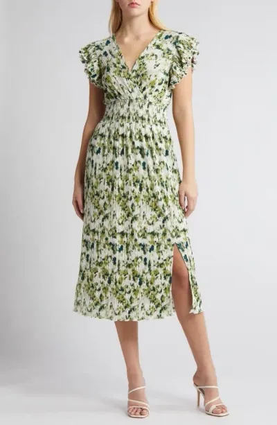 Chelsea28 Flutter Sleeve Plissé Midi Dress In Green- Ivory Artful Petals