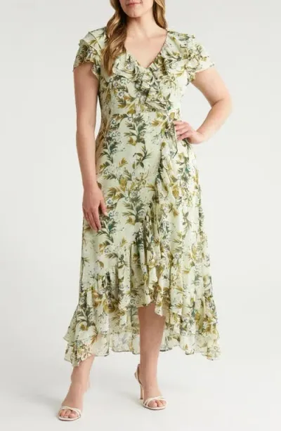 Chelsea28 Foliage Print Ruffle Faux Wrap Dress In Green- Ivory Botanica