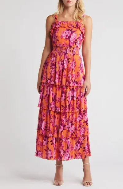 Chelsea28 Plissé Tiered Maxi Dress In Orange- Pink Blossoms