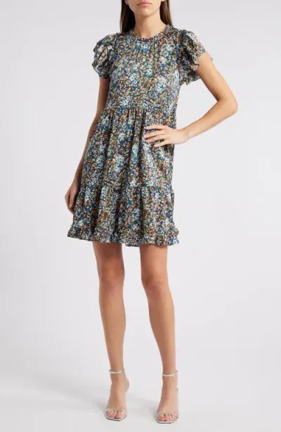 Chelsea28 Printed Puff Sleeve Tiered Satin Minidress In Navy Print