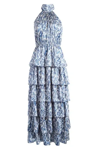 Chelsea28 Printed Tiered Mock Neck Maxi Dress In Blue Print