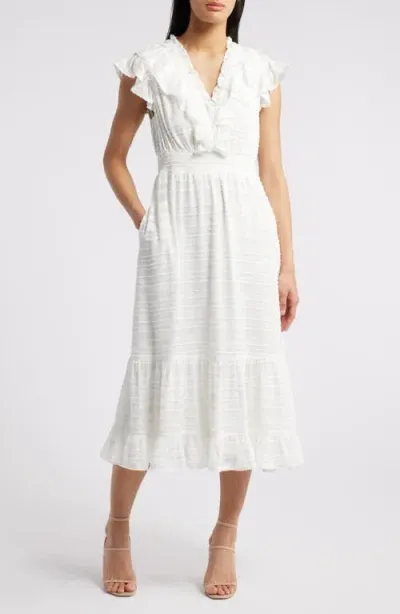 Chelsea28 Ruffle Detail Textured Stripe Dress In White