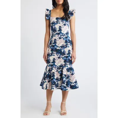 Chelsea28 Ruffle Sleeve Midi Dress In Ivory- Navy Abstracted Garden