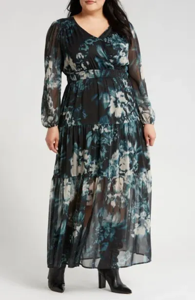 Chelsea28 Tiered Long Sleeve Chiffon Dress In Black- Teal Blurred Floral