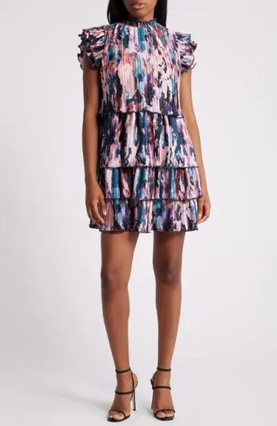 Chelsea28 Tiered Pleated Minidress In Pink Multi Pigmented Floral