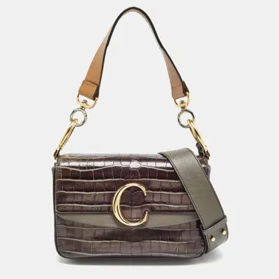 Pre-owned Chloé Dark Grey/brown Croc Embossed Leather C Top Handle Bag