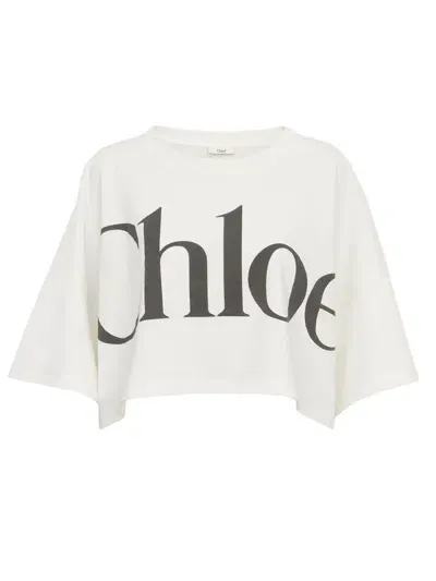 Chloé Oversized Cropped Printed Cotton-jersey T-shirt In White