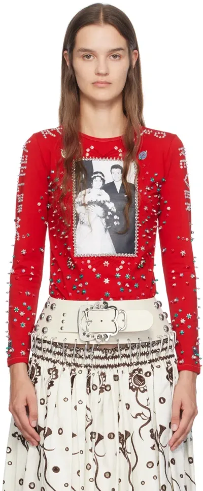 Chopova Lowena Red E+i Wedding Day Beaded Long Sleeve T-shirt