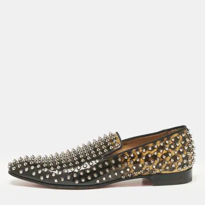 Pre-owned Christian Louboutin Black/brown Leopard Print Patent Leather Dandelion Spikes Smoking Slippers Size 43