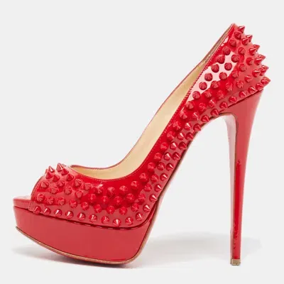 Pre-owned Christian Louboutin Red Patent Leather Lady Peep Spikes Pumps Size 38