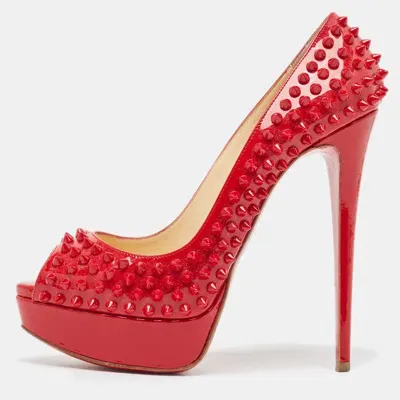 Pre-owned Christian Louboutin Red Patent Leather Lady Peep Spikes Pumps Size 39