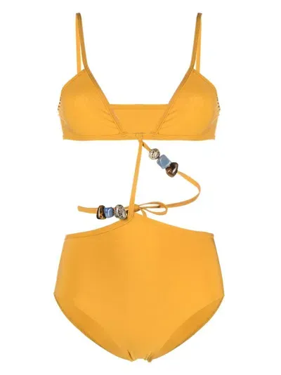 Christopher Esber Displace Stone-beads Swimsuit In Yellow