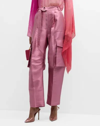 Christopher John Rogers Belted Satin Wide-leg Cargo Pants In Mauve