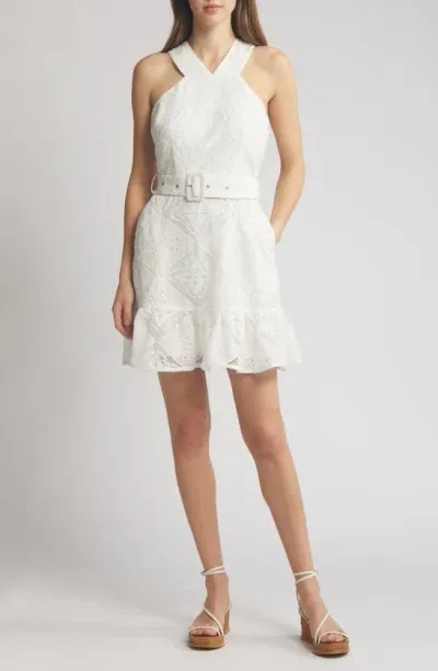 Ciebon Braylee Lace Eyelet Belted Sleeveless Minidress In White