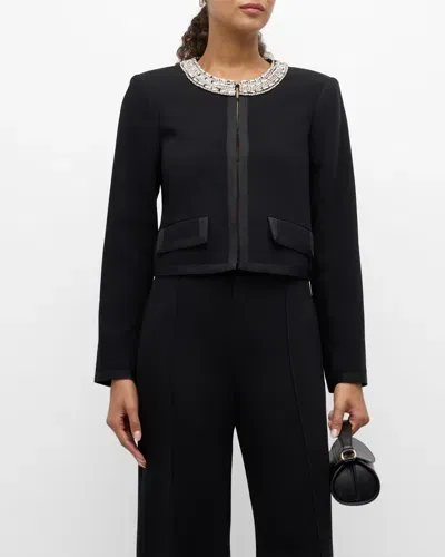 Cinq À Sept Bobby Rhinestone Necklace Crop Blazer In Black