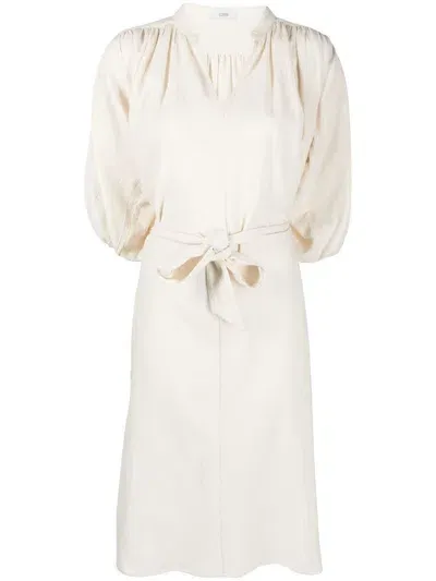 Closed Tie-waist Gathered Dress In White