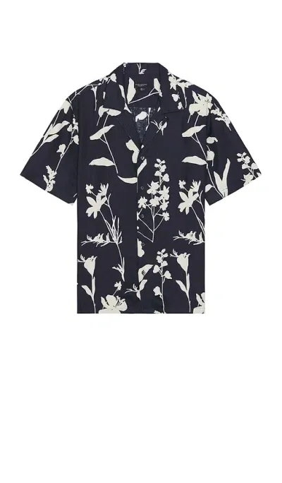 Club Monaco Convertible-collar Floral-print Linen Shirt In Blue