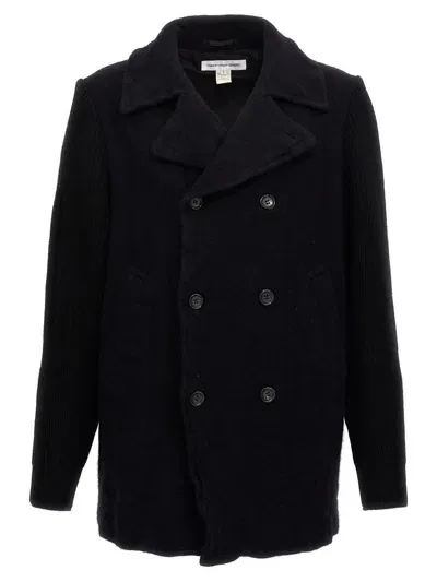 Comme Des Garçons Wool Blend Double-breasted Coat With Ribbed Sleeves In Blue