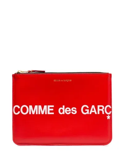 Comme Des Garçons Maxi Logo Leather Pouch In Red