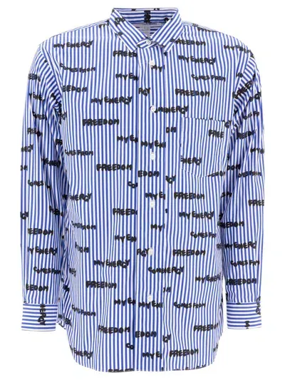 Comme Des Garçons Striped Printed Shirt In Blue