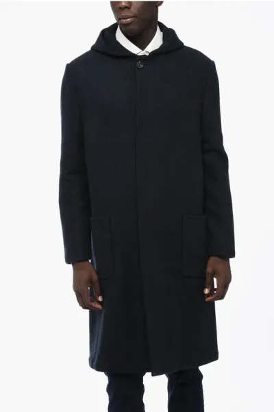 Corneliani Hooded Halflined Tweed Wool Coat In Black