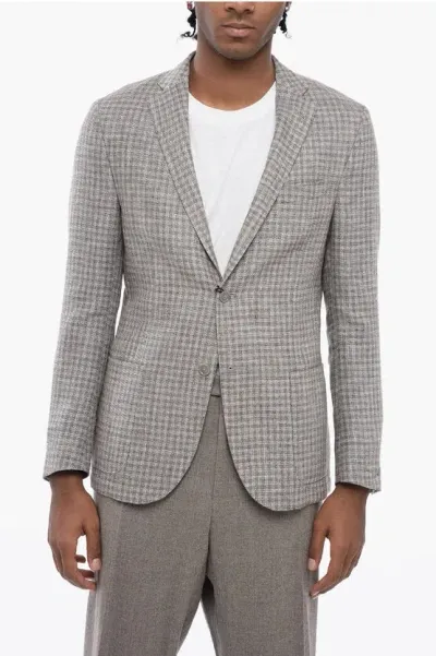 Corneliani Unlined Gate Linen Blend Blazer With Gingham Motif In Gray