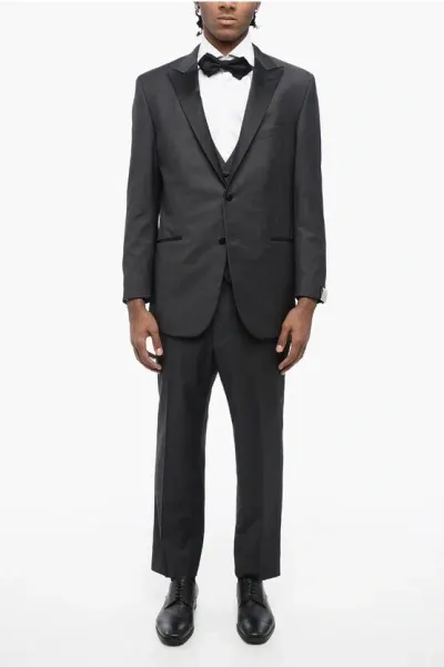 Corneliani Virgin Wool Peak Lapel 3 Piece Waistcoat Suit In Black