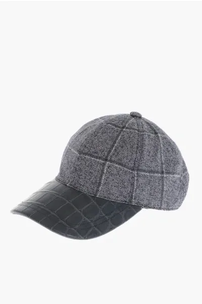 Corneliani Windowpane Check Cap With Crocodile Effect Leather Details In Gray