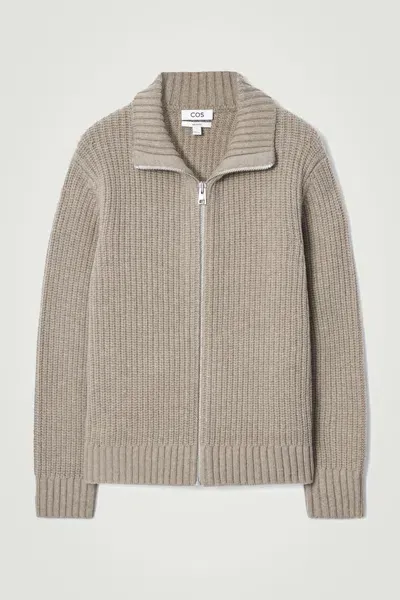 Cos Funnel-neck Knitted Wool Jacket In Beige