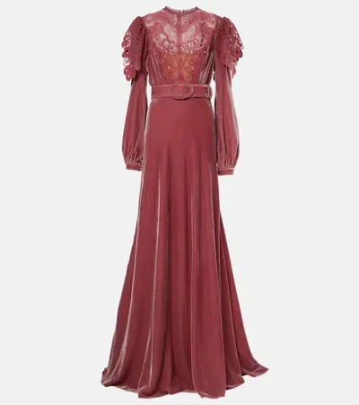 Costarellos Ashley Lace-trimmed Velvet Gown In Pink