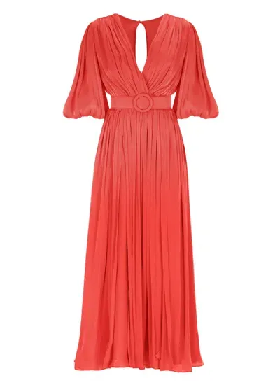 Costarellos Shiny Georgette Puffy Sleeve Midi Dress In Pink