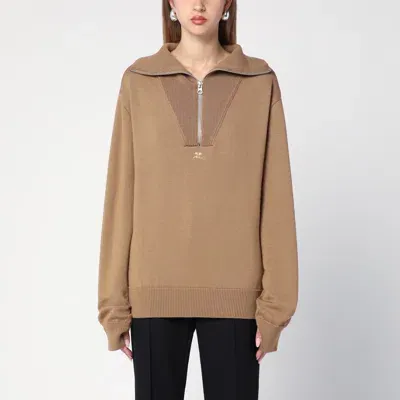 Courrèges Beige Wool Zip Sweater In Brown