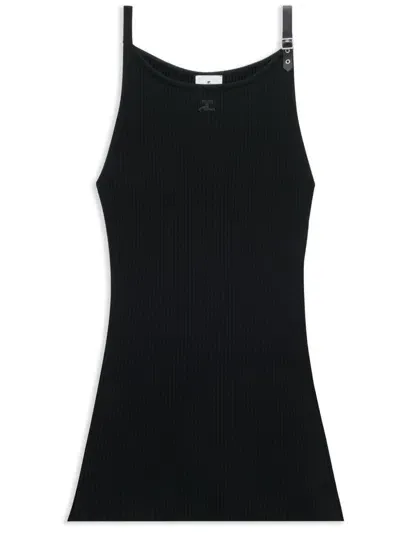 Courrèges Black Ribbed Knit Appliqué Dress With Logo Buckle Straps