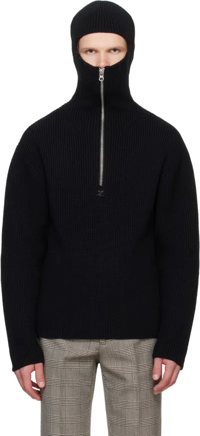 Courrèges Black Ribbed Wool Hoodie In 9999