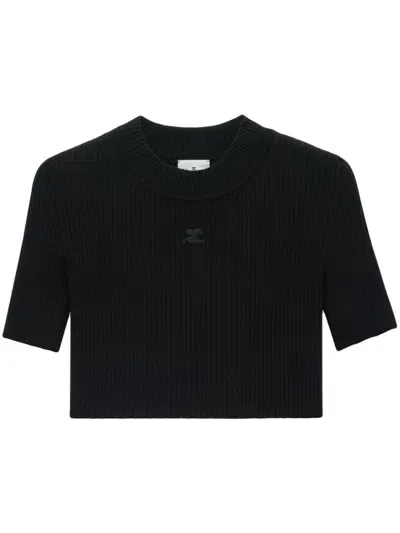 Courrèges Mockneck Rib Knit Cropped Top Women Black In Viscose