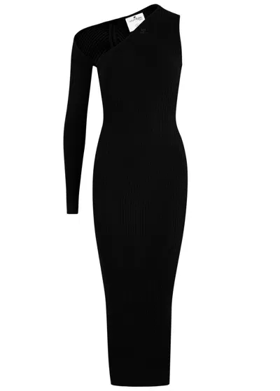 Courrèges One-sleeve Ribbed-knit Midi Dress In Black