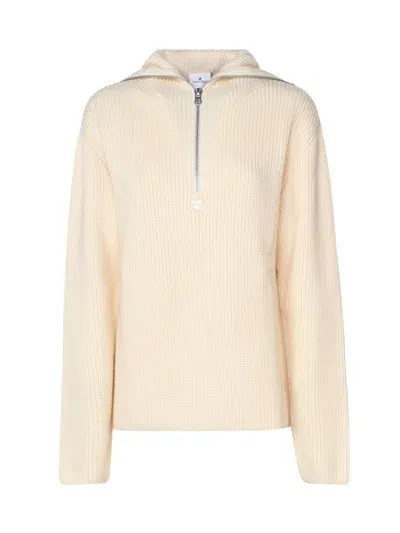 Courrèges Ribbed Wool Hooded Sweater With Zip In Beige