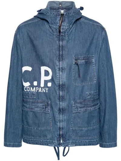 C.p. Company Blu Goggles-detail Denim Jacket In Blue