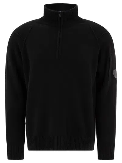 C.p. Company Half Zip Sweater With "lens" Detail In Black