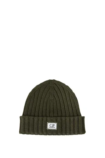 C.p. Company Logo Patch Ribbed Beanie In Green