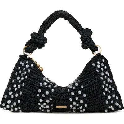 Cult Gaia Nano Hera Imitation Pearl Trim Raffia Shoulder Bag In Black