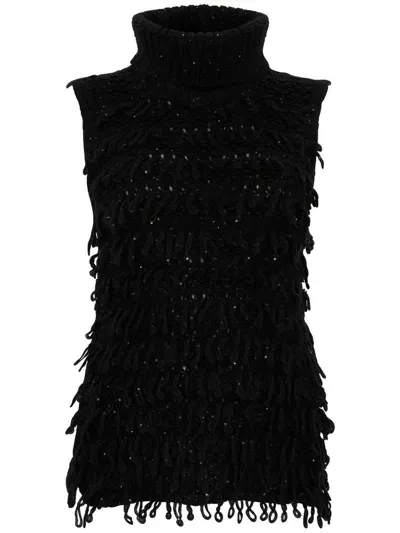 D Exterior Sleeveless Sweater With Fringes And Sequins In Black