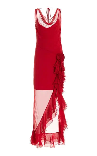 De La Vali Azura Ruffled Chiffon Midi Dress In Red